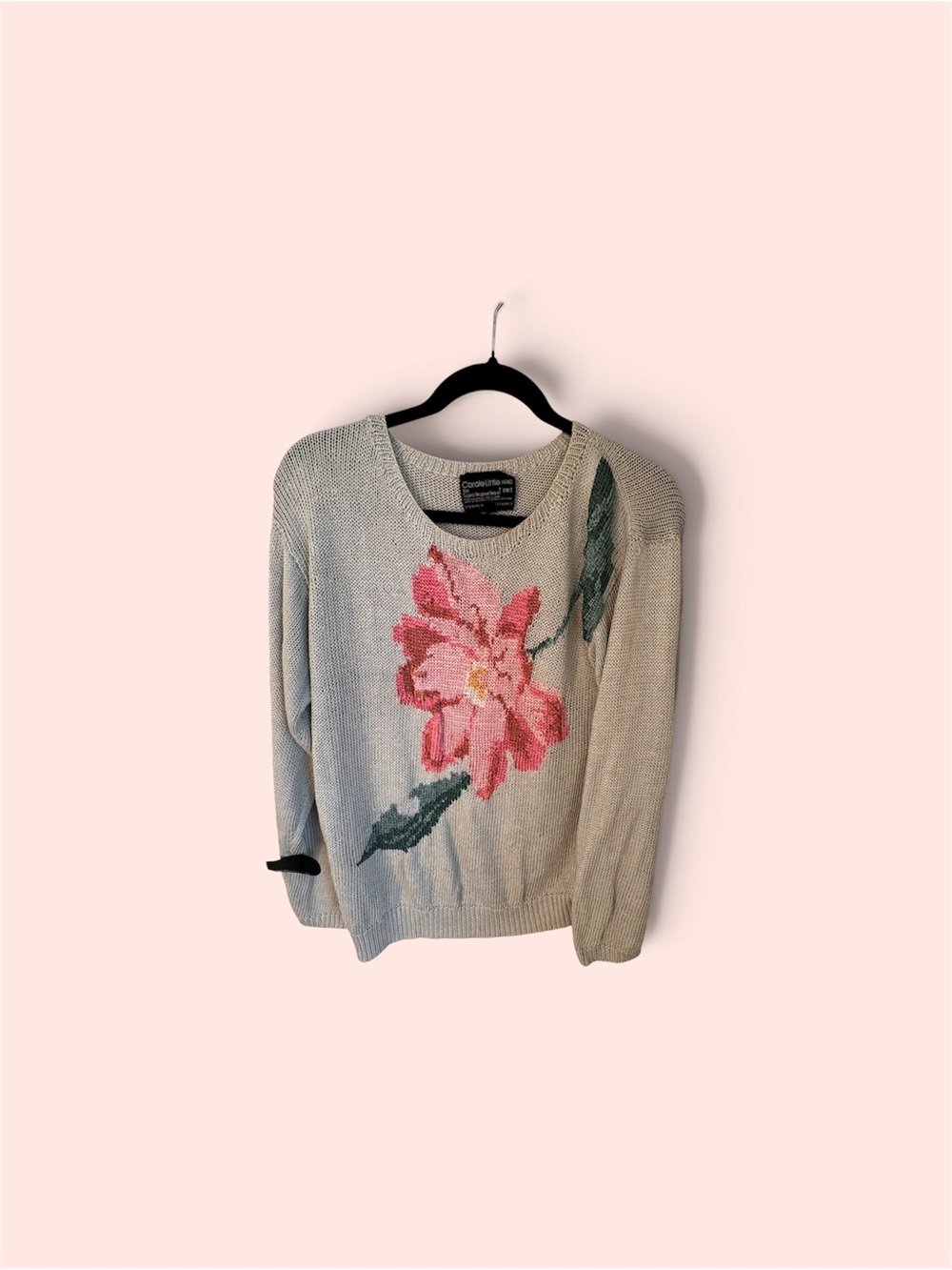 Carole Little Light Gray Crewneck Sweater with Pink Floral Motif-vintage